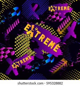 Abstract seamless pattern for girls, boys, clothes. Creative vector background with dots, geometric figures,stripes inscriptions.Funny wallpaper for textile and fabric. Fashion style. Colorful bright.