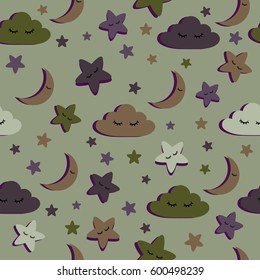 Abstract seamless pattern for girls or boys. Creative vector background with cloud, moon, star. Funny wallpaper for textile and fabric. Fashion style. Colorful bright picture for children.pink, purple