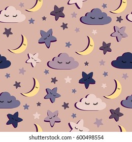 Abstract seamless pattern for girls or boys. Creative vector background with cloud, moon, star. Funny wallpaper for textile and fabric. Fashion style. Colorful bright picture for children.pink, purple