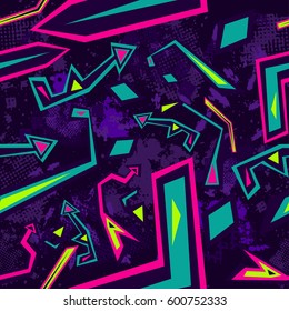 Abstract seamless pattern for girls, boys, clothes. Creative vector background with dots, geometric figures,stripes inscriptions.Funny wallpaper for textile and fabric. Fashion style. Colorful bright.