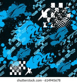 Abstract seamless pattern for girls, boys, clothes. Creative vector background with car, geometric figures,stripes, speedometer.Funny wallpaper for textile and fabric. Fashion style. Colorful bright.