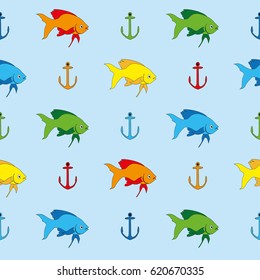 Abstract seamless pattern for girls or boys. Creative vector background with small fish, anchor Funny wallpaper for textile and fabric. Fashion style. Colorful bright picture for children. Multicolor