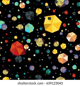 Abstract seamless pattern for girls, boys, clothes.Creative vector background with ball, geometric figures, stars, planets, comets.Funny wallpaper for textile and fabric.Fashion style.Colorful bright.