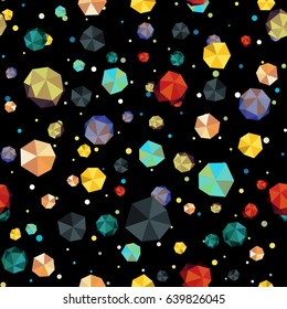 Abstract seamless pattern for girls, boys, clothes.Creative vector background with ball, geometric figures, stars, planets, comets.Funny wallpaper for textile and fabric.Fashion style.Colorful bright.