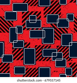 Abstract seamless pattern for girls, boys, clothes. Creative vector background with dots, geometric figures,stripes inscriptions.Funny wallpaper for textile and fabric. Fashion style. Colorful bright.
