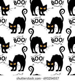 Abstract seamless pattern for girls or boys. Creative vector background with cat, cloud boo, halloween. Funny wallpaper for textile and fabric. Fashion style. Colorful bright picture for children.