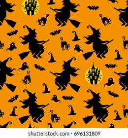 Abstract seamless pattern for girls or boys. Creative vector background with cat, witch, halloween. Funny wallpaper for textile and fabric. Fashion style. Colorful bright picture for children.