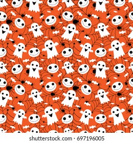 Abstract seamless pattern for girls or boys. Creative vector background with witch, halloween. Funny wallpaper for textile and fabric. Fashion style. Colorful bright picture for children.