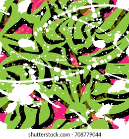 Abstract seamless pattern for girls, boys, clothes. Creative vector background with dots, geometric figures,stripes inscriptions.Funny wallpaper for textile and fabric. Fashion style. Colorful bright.