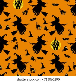 Abstract seamless pattern for girls or boys. Creative vector background with cat, witch, halloween. Funny wallpaper for textile and fabric. Fashion style. Colorful bright picture for children.