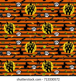 Abstract seamless pattern for girls or boys. Creative vector background with witch, halloween. Funny wallpaper for textile and fabric. Fashion style. Colorful bright picture for children.