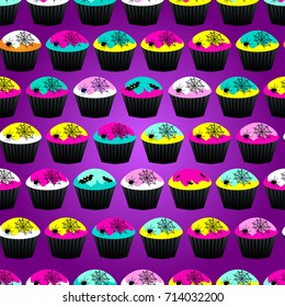 Abstract seamless pattern for girls or boys. Creative vector background with cupcake, skull, bat, halloween. Funny wallpaper for textile and fabric. Fashion style. Neon color picture for children