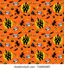 Abstract seamless pattern for girls or boys. Creative vector background with witch, halloween. Funny wallpaper for textile and fabric. Fashion style. Colorful bright picture for children.