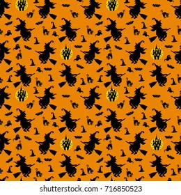 Abstract seamless pattern for girls or boys. Creative vector background with witch, halloween. Funny wallpaper for textile and fabric. Fashion style. Colorful bright picture for children.