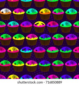 Abstract seamless pattern for girls or boys. Creative vector background with cupcake, bat, halloween. Funny wallpaper for textile and fabric. Fashion style. Neon color picture for children