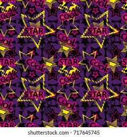Abstract seamless pattern for girls, boys, clothes. Creative vector background with dots, geometric figures, inscriptions, stars.Funny wallpaper for textile and fabric. Fashion style. Colorful bright.