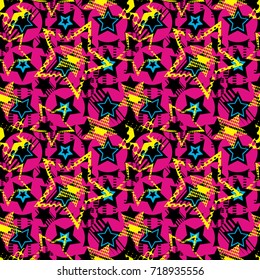 Abstract seamless pattern for girls, boys, clothes. Creative vector background with dots, geometric figures, inscriptions, stars.Funny wallpaper for textile and fabric. Fashion style. Colorful bright.