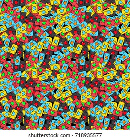 Abstract seamless pattern for girls, boys, clothes. Creative vector background with envelopes, letters.Funny wallpaper for textile and fabric. Fashion style. Colorful bright.