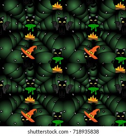 Abstract seamless pattern for girls, boys, clothes. Creative vector background with cats with hats, wings, potions.Funny wallpaper for textile and fabric. Fashion style. Colorful bright.