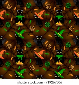 Abstract seamless pattern for girls, boys, clothes. Creative vector background with cats with hats, wings, potions. Funny wallpaper for textile and fabric.  Colorful bright style fashion.