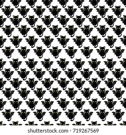 Abstract seamless pattern for girls, boys, clothes. Creative vector background with cats with wings.Funny wallpaper for textile and fabric. Fashion style. Colorful bright.