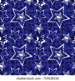 Abstract seamless pattern for girls, boys, clothes. Creative vector background with dots, geometric figures, stars.Funny wallpaper for textile and fabric. Fashion style. Colorful bright.