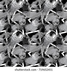 Abstract seamless pattern for girls, boys, clothes. Creative vector background with dots, geometric figures,stripes inscriptions.Funny wallpaper for textile and fabric. Fashion style. Colorful bright.