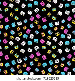 Abstract seamless pattern for girls, boys, clothes. Creative vector background with cat, glasses, eyes, mustache.Funny wallpaper for textile and fabric. Fashion style. Colorful bright.