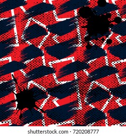 Abstract seamless pattern for girls, boys, clothes. Creative vector background with dots, geometric figures,stripes inscriptions.Funny wallpaper for textile and fabric. Fashion style. Colorful bright.
