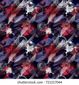 Abstract seamless pattern for girls, boys, clothes. Creative vector background with dots, geometric figures,stripes inscriptions.Funny wallpaper for textile and fabric. Fashion style. Colorful bright.