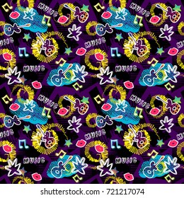 Abstract seamless pattern for girls, boys, clothes. Creative vector background with dots, guitar, lips star.Funny wallpaper for textile and fabric. Fashion style. Colorful bright. Purple, pink, blue