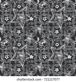 Abstract seamless pattern for girls, boys, clothes. Creative vector background with dots, geometric figures, inscriptions, stars.Funny wallpaper for textile and fabric. Fashion style. Colorful bright.