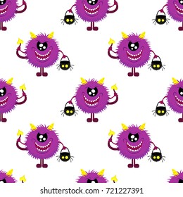 Abstract seamless pattern for girls or boys. Creative vector background with fluffy monster, with horns and a tail, basket for sweets in the form of a skull halloween. Funny wallpaper for textile.