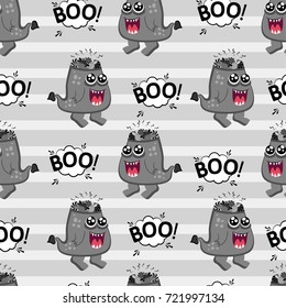 Abstract seamless pattern for girls or boys. Creative vector background with toothed monster with sweets instead of brains, halloween. Funny wallpaper for textile and fabric. Fashion style.