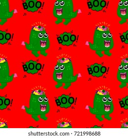 Abstract seamless pattern for girls or boys. Creative vector background with toothed monster with sweets instead of brains, halloween. Funny wallpaper for textile and fabric. Fashion style.