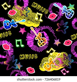 Abstract seamless pattern for girls, boys, clothes. Creative vector background with dots, guitar, lips star.Funny wallpaper for textile and fabric. Fashion style. Colorful bright. Purple, pink, blue