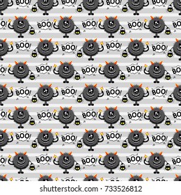 Abstract seamless pattern for girls or boys. Creative vector background with fluffy monster, with horns and a tail, basket for sweets in the form of a skull halloween. Funny wallpaper for textile.
