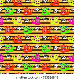 Abstract seamless pattern for girls or boys. Creative vector background with a creeping monster, halloween. Funny wallpaper for textile and fabric. Fashion style. Colorful bright picture for children.