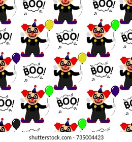 Abstract seamless pattern for girls or boys. Creative vector background with a clown, scary face, halloween. Funny wallpaper for textile and fabric. Fashion style. Colorful bright picture for children