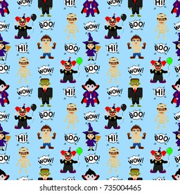 Abstract seamless pattern for girls or boys. Creative vector background with kids in the costumes of monsters, halloween. Funny wallpaper for textile and fabric. Fashion style. bright colors