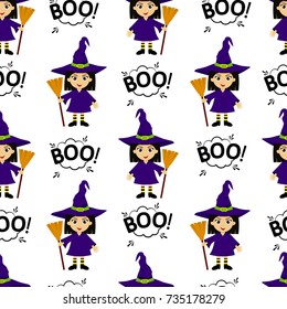 Abstract seamless pattern for girls or boys. Creative vector background with young witch, halloween. Funny wallpaper for textile and fabric. Fashion style. Colorful bright picture for children
