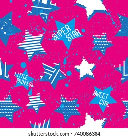 Abstract seamless pattern for girls, boys, clothes. Creative background with dots, geometric figures,stripes inscriptions. Funny wallpaper for textile and fabric. Fashion style. Colorful bright.