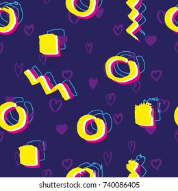 Abstract seamless pattern for girls, boys, clothes. Creative background with dots, geometric figures,stripes inscriptions. Funny wallpaper for textile and fabric. Fashion style. Colorful bright.