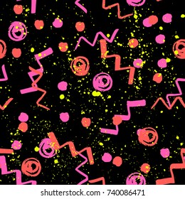 Abstract seamless pattern for girls, boys, clothes. Creative background with dots, geometric figures,stripes inscriptions. Funny wallpaper for textile and fabric. Fashion style. Colorful bright.