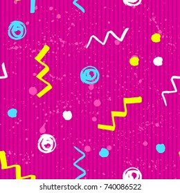 Abstract seamless pattern for girls, boys, clothes. Creative background with dots, geometric figures,stripes inscriptions. Funny wallpaper for textile and fabric. Fashion style. Colorful bright.