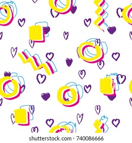 Abstract seamless pattern for girls, boys, clothes. Creative background with dots, geometric figures,stripes inscriptions. Funny wallpaper for textile and fabric. Fashion style. Colorful bright.