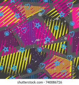 Abstract seamless pattern for girls, boys, clothes. Creative background with dots, geometric figures,stripes inscriptions. Funny wallpaper for textile and fabric. Fashion style. Colorful bright.