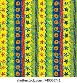 Abstract seamless pattern for girls, boys, clothes. Creative background with dots, geometric figures,stripes inscriptions. Funny wallpaper for textile and fabric. Fashion style. Colorful bright.