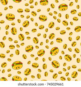 Abstract seamless pattern for girls or boys. Creative vector background with a burger, hamburger cute eyes. Funny pattern for textile and fabric. Fashion style. Colorful bright picture for children.