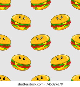Abstract seamless pattern for girls or boys. Creative vector background with a burger, hamburger cute eyes. Funny pattern for textile and fabric. Fashion style. Colorful bright picture for children.